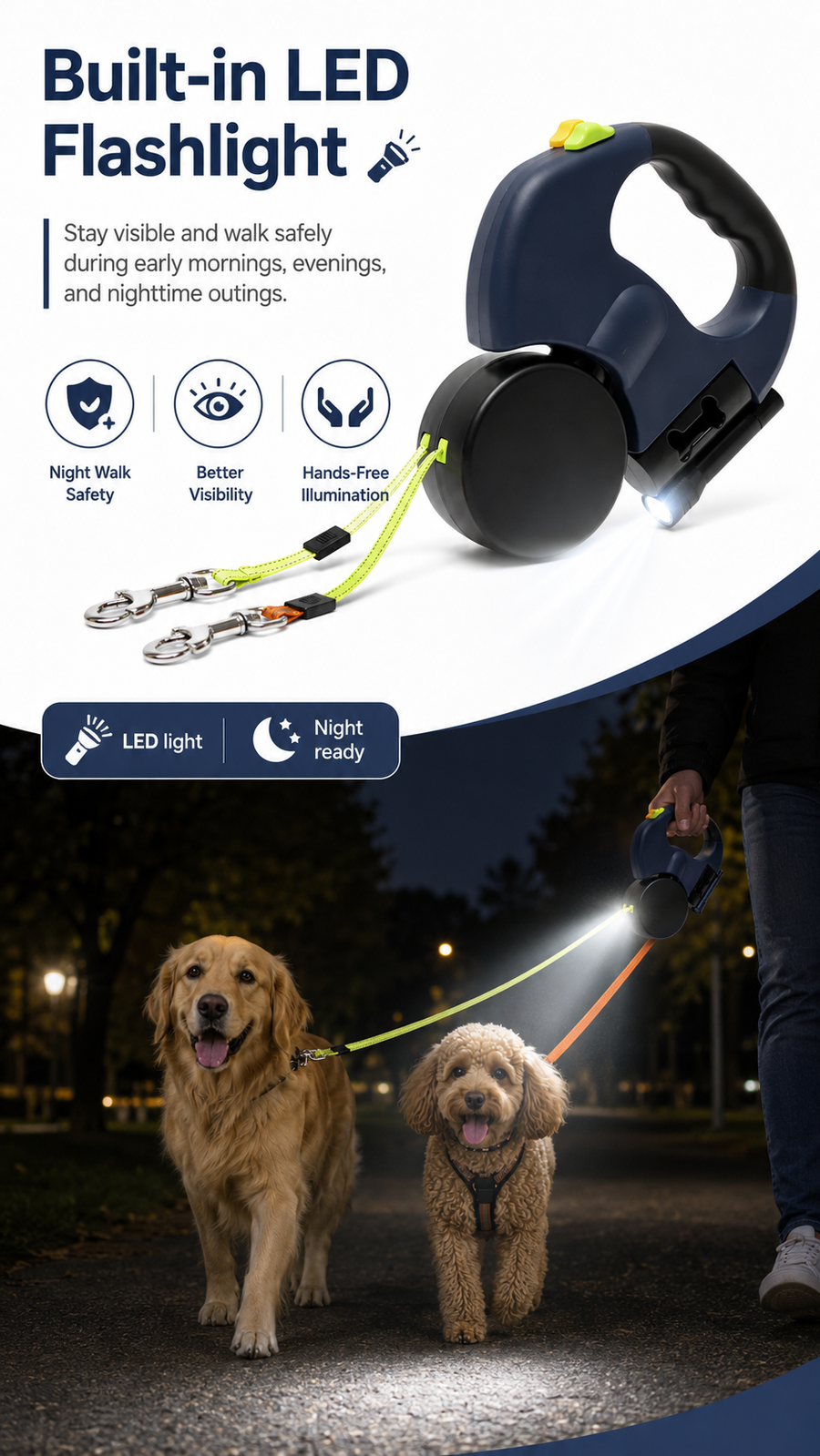 Doppelte einziehbare Haustierleinen mit LED-Taschenlampe